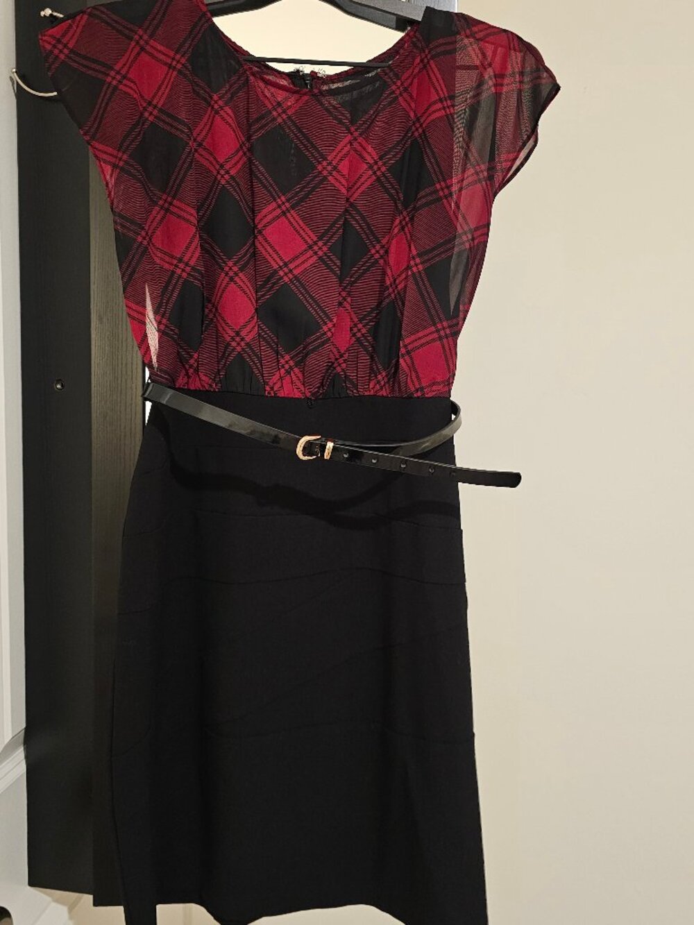 ALYX Petite Red Black Plaid Belted Dress